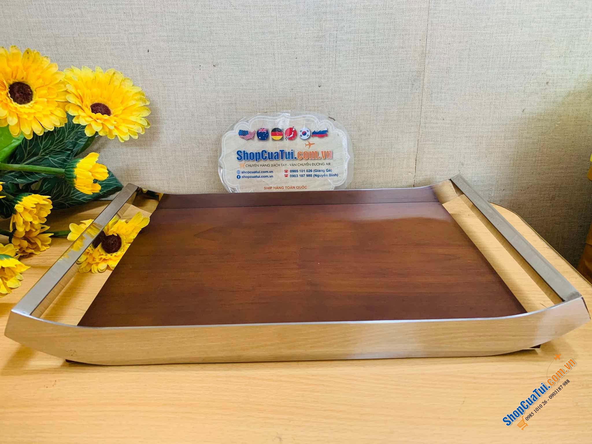 KHAY TRÀ GỖ HỒ ĐÀO TAY CẦM INOX STYLE EUROPE size bé 36x21x5.5cm