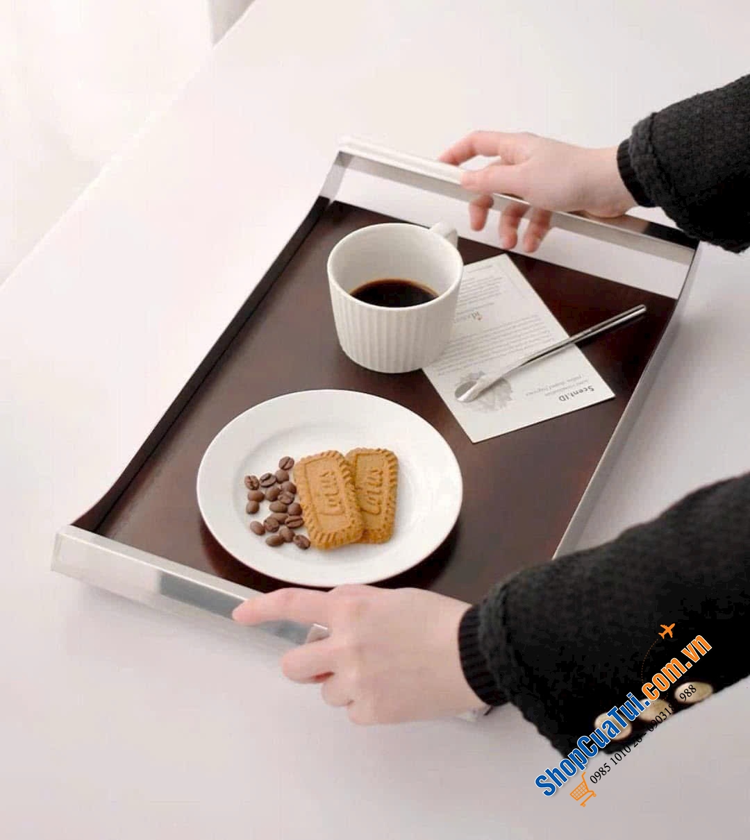 KHAY TRÀ GỖ HỒ ĐÀO TAY CẦM INOX STYLE EUROPE size bé 36x21x5.5cm