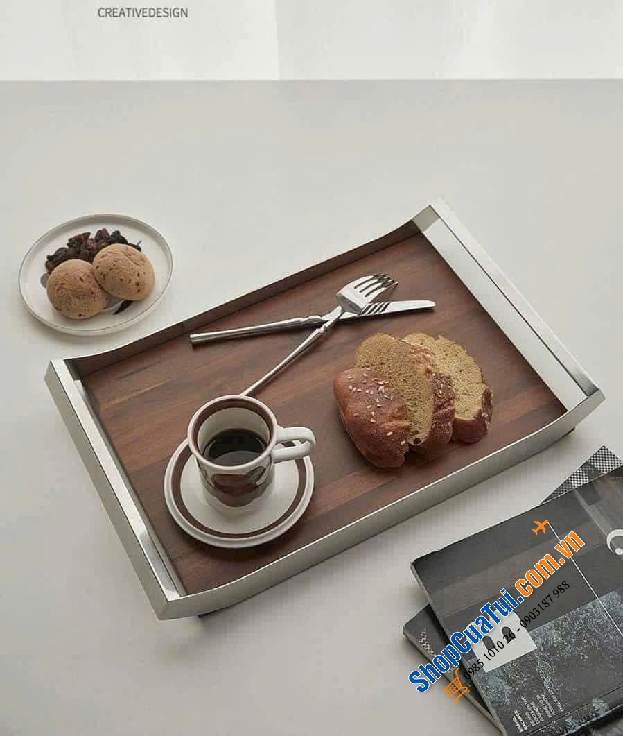 KHAY TRÀ GỖ HỒ ĐÀO TAY CẦM INOX STYLE EUROPE size bé 36x21x5.5cm