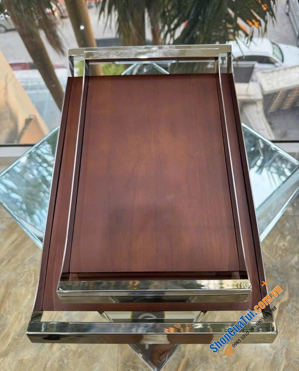 KHAY TRÀ GỖ HỒ ĐÀO TAY CẦM INOX STYLE EUROPE size bé 36x21x5.5cm