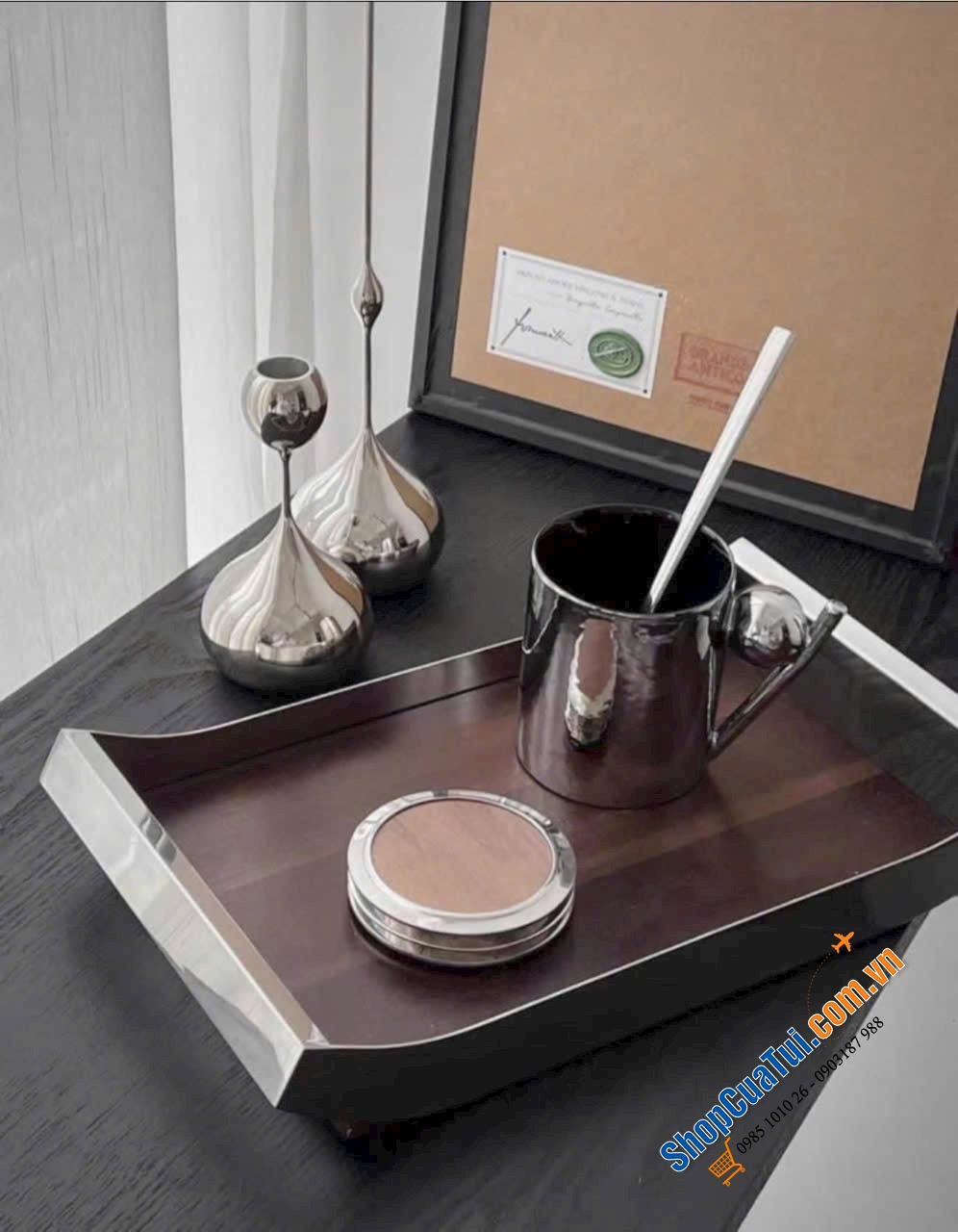 KHAY TRÀ GỖ HỒ ĐÀO TAY CẦM INOX STYLE EUROPE size bé 36x21x5.5cm