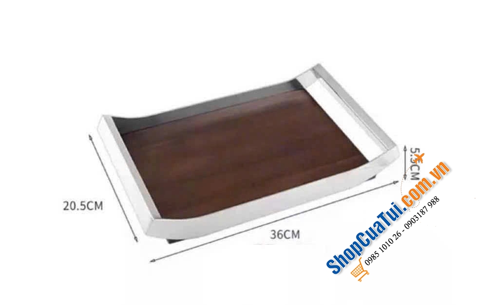KHAY TRÀ GỖ HỒ ĐÀO TAY CẦM INOX STYLE EUROPE size bé 36x21x5.5cm