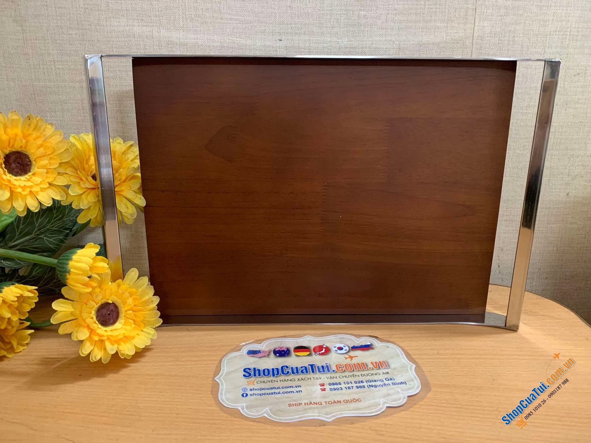 KHAY TRÀ GỖ HỒ ĐÀO TAY CẦM INOX STYLE EUROPE size bé 36x21x5.5cm