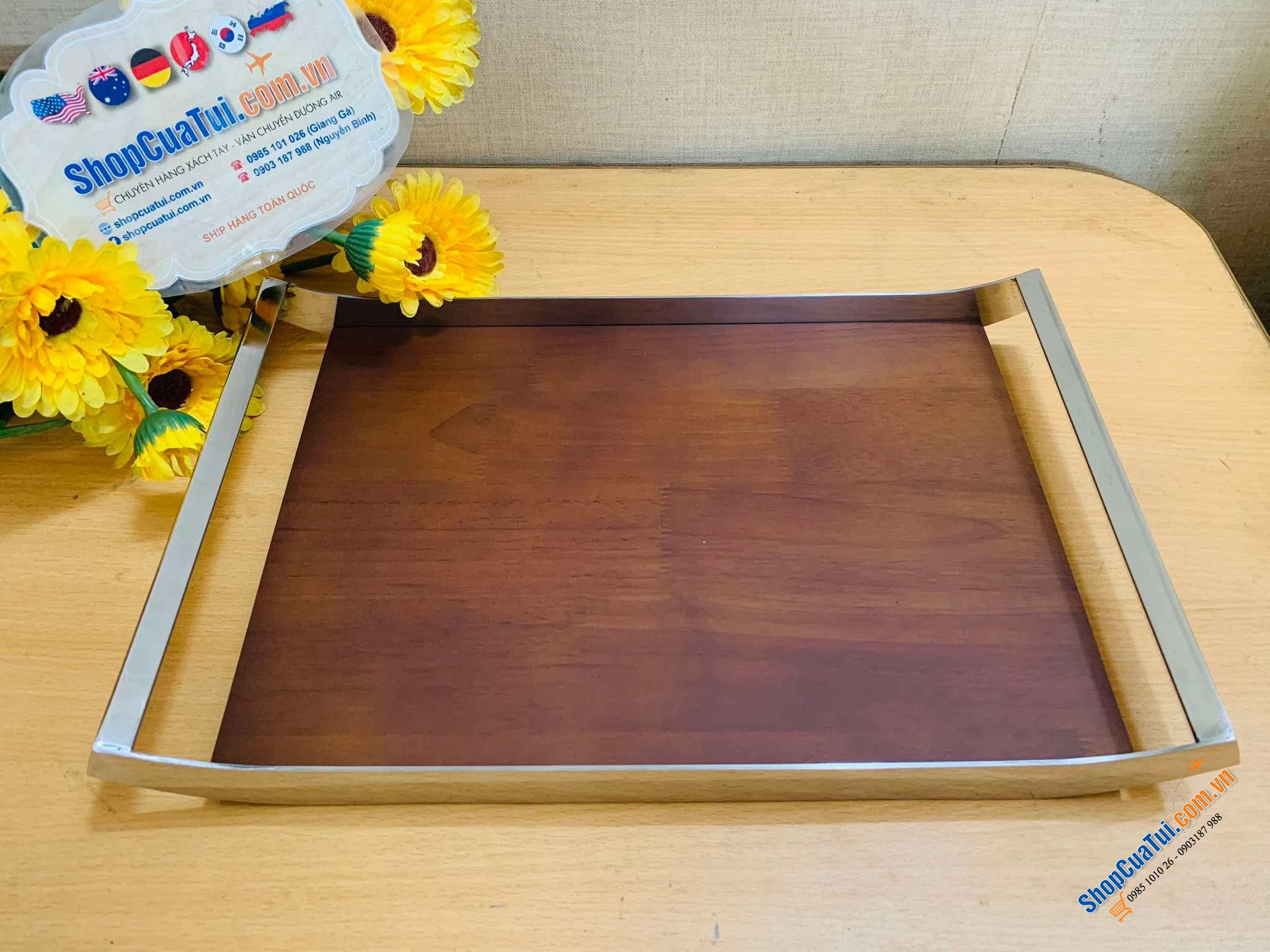 KHAY TRÀ GỖ HỒ ĐÀO TAY CẦM INOX STYLE EUROPE size bé 36x21x5.5cm