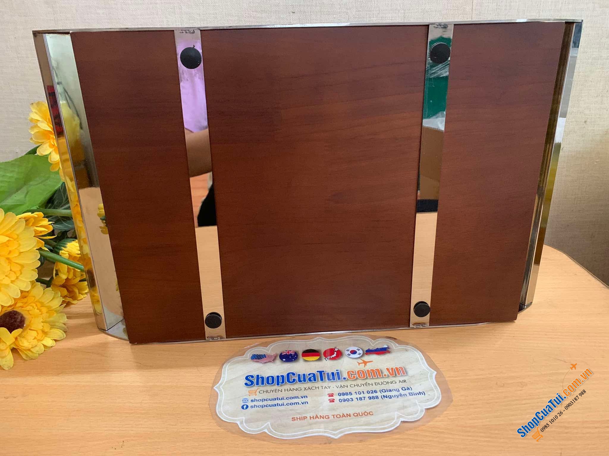 KHAY TRÀ GỖ HỒ ĐÀO TAY CẦM INOX STYLE EUROPE size bé 36x21x5.5cm