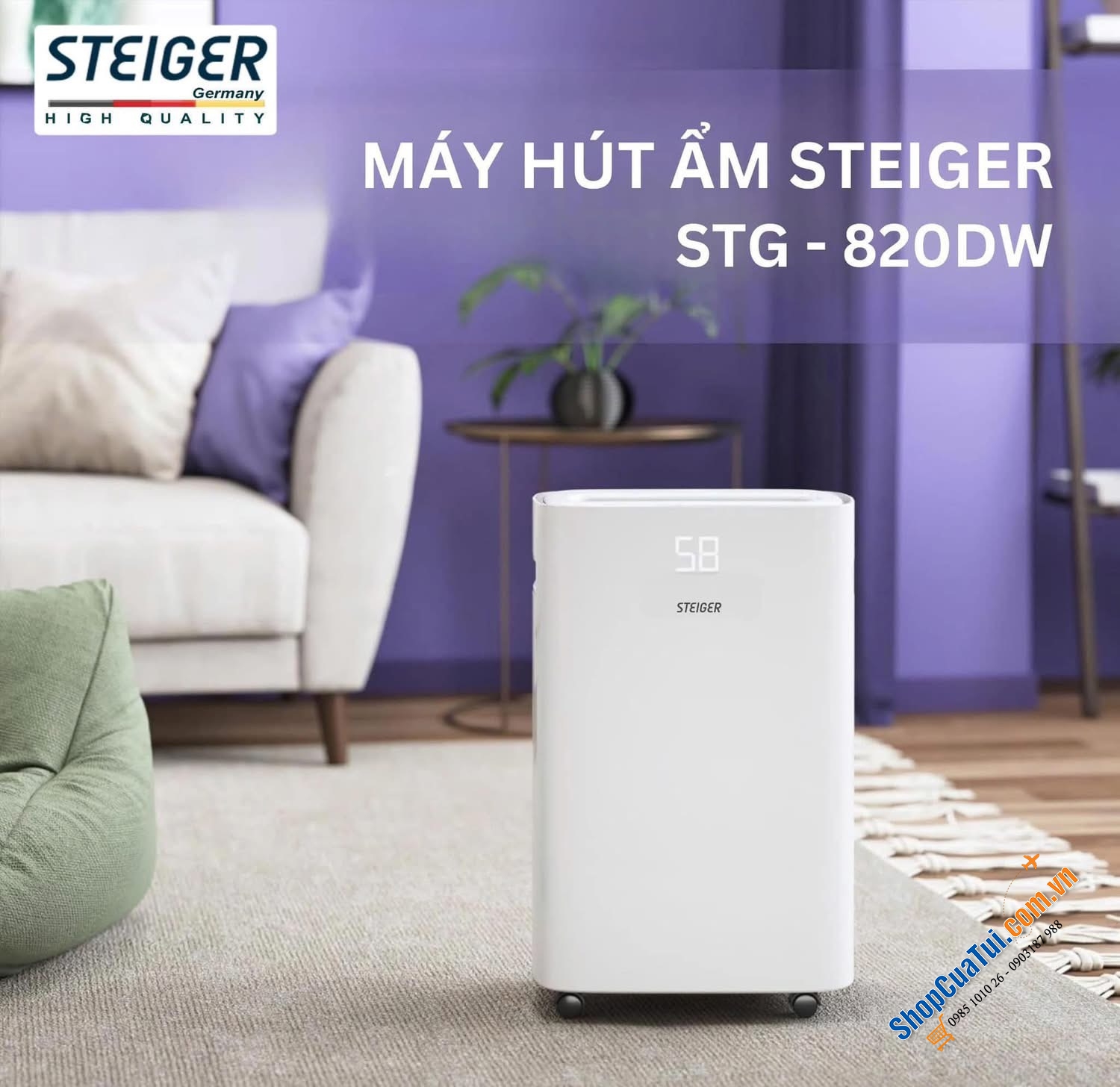 Máy hút ẩm Steiger 20L phù hợp với phòng từ 40-60m2 đáp ứng được nhu cầu tối đa kết hợp chức năng sấy và hong khô quần áo không lo thời tiết ẩm ướt