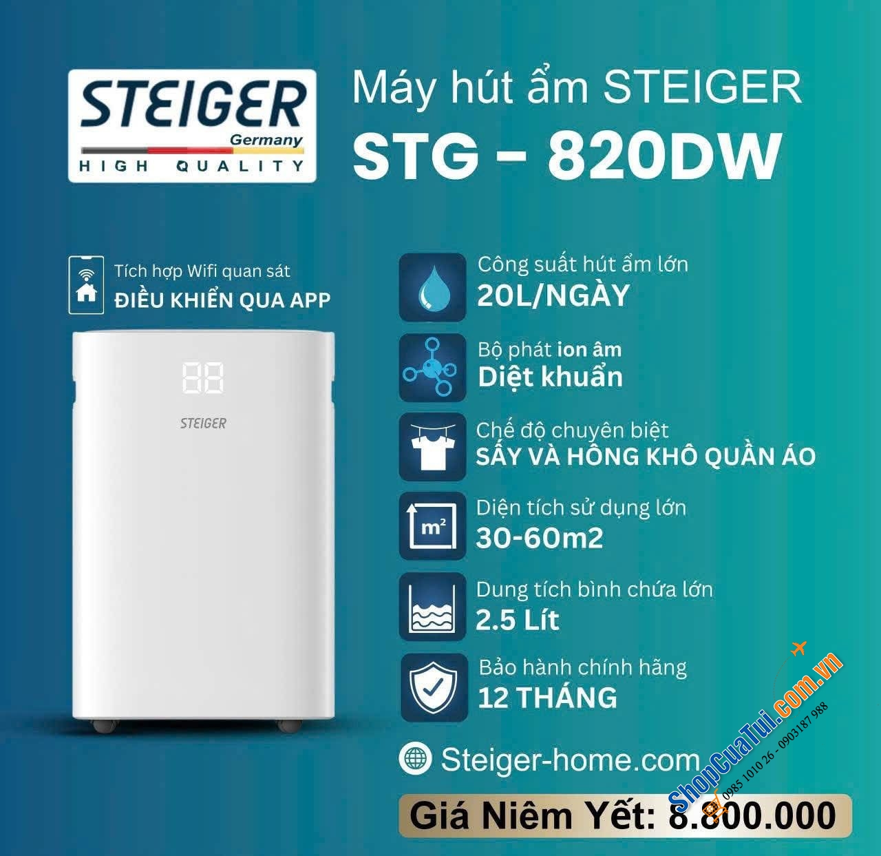 Máy hút ẩm Steiger 20L phù hợp với phòng từ 40-60m2 đáp ứng được nhu cầu tối đa kết hợp chức năng sấy và hong khô quần áo không lo thời tiết ẩm ướt