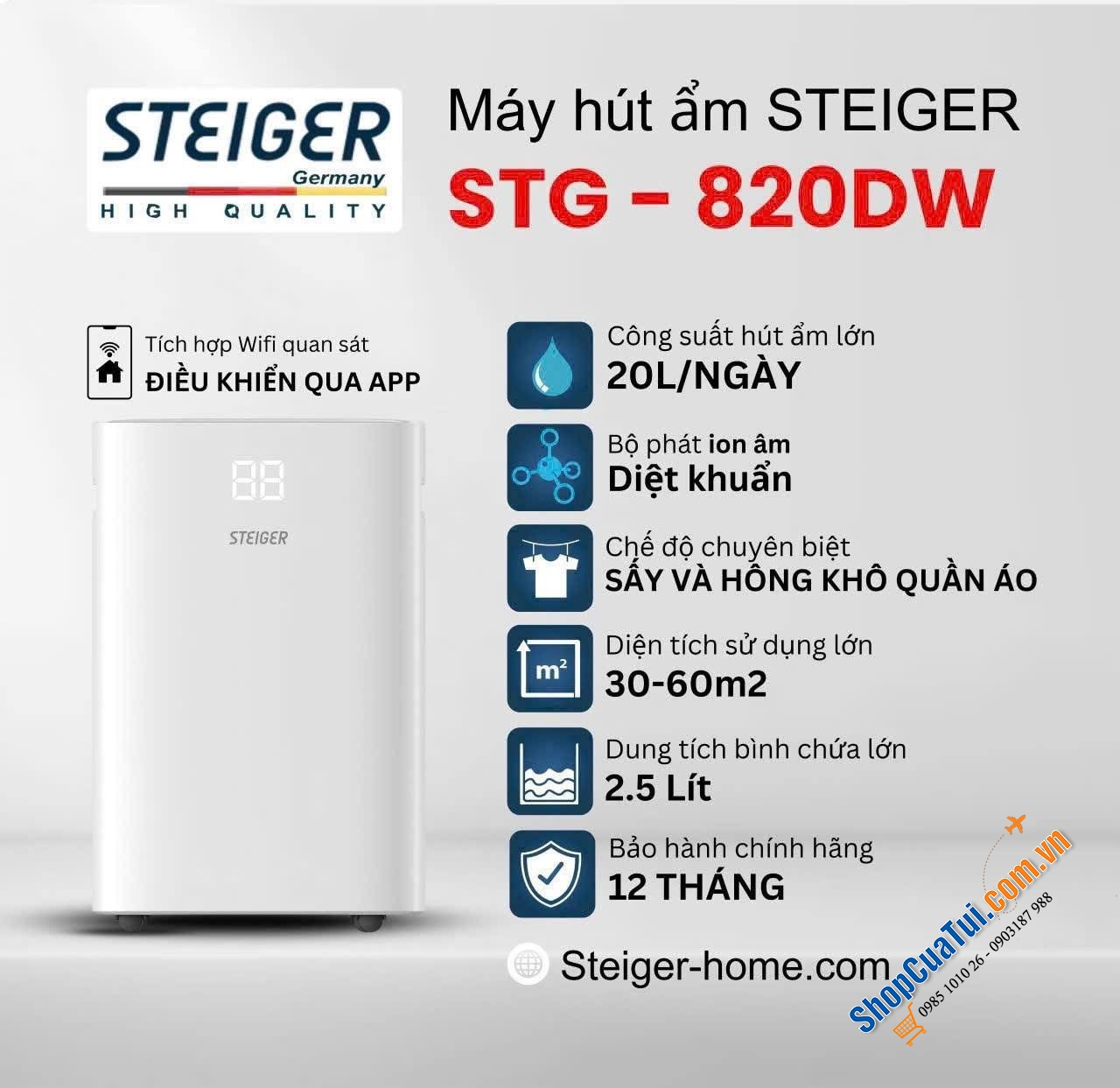 Máy hút ẩm Steiger 20L phù hợp với phòng từ 40-60m2 đáp ứng được nhu cầu tối đa kết hợp chức năng sấy và hong khô quần áo không lo thời tiết ẩm ướt