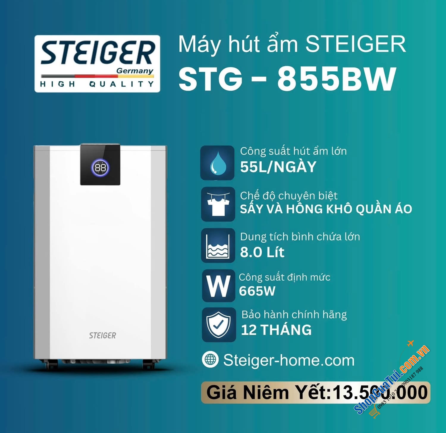 Máy hút ẩm Steiger STG-855BW 55L phù hợp với phòng rộng tới 120m2 với thùng chứa 8 lít, đáp ứng kết hợp chức năng sấy và hong khô quần áo không lo thời tiết nồm ẩm