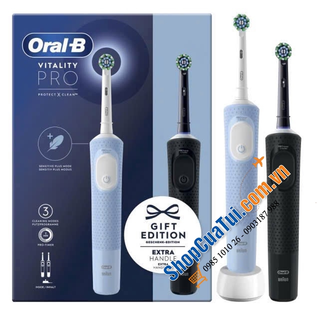 Set bàn chài điện 1 đầu cắm 2 bàn chải  Oral-B Vitality Pro - Lựa chọn không thể thiếu cho việc làm sạch răng miệng tốt hơn và nhẹ nhàng hơn