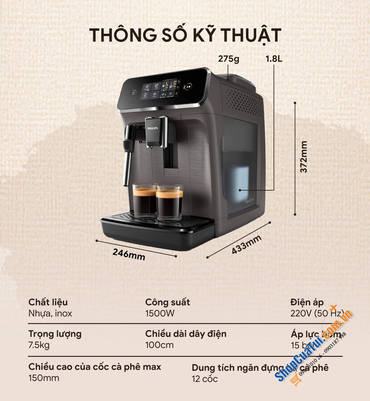 Máy pha cà phê Philips EP2220/10 made in Romania giúp tận hưởng 2 loại cà phê Espresso và cà phê đen cực ngon
