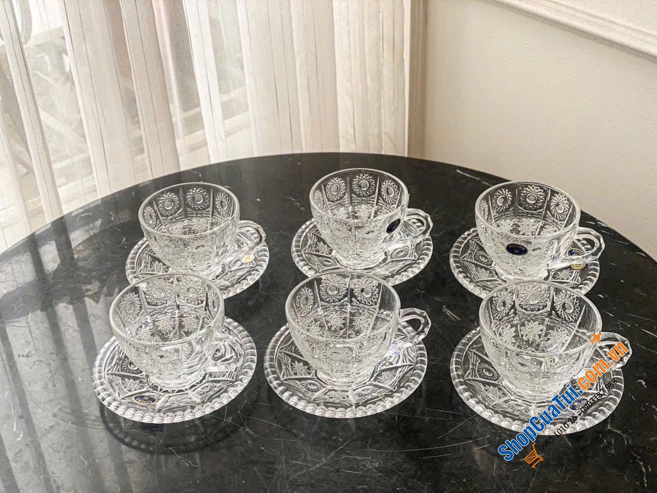 Set Tách Trà Pha Lê Mài Bohemia 150ml - hoạ tiết M57 với 6 cốc và 6 đĩa lót cốc
