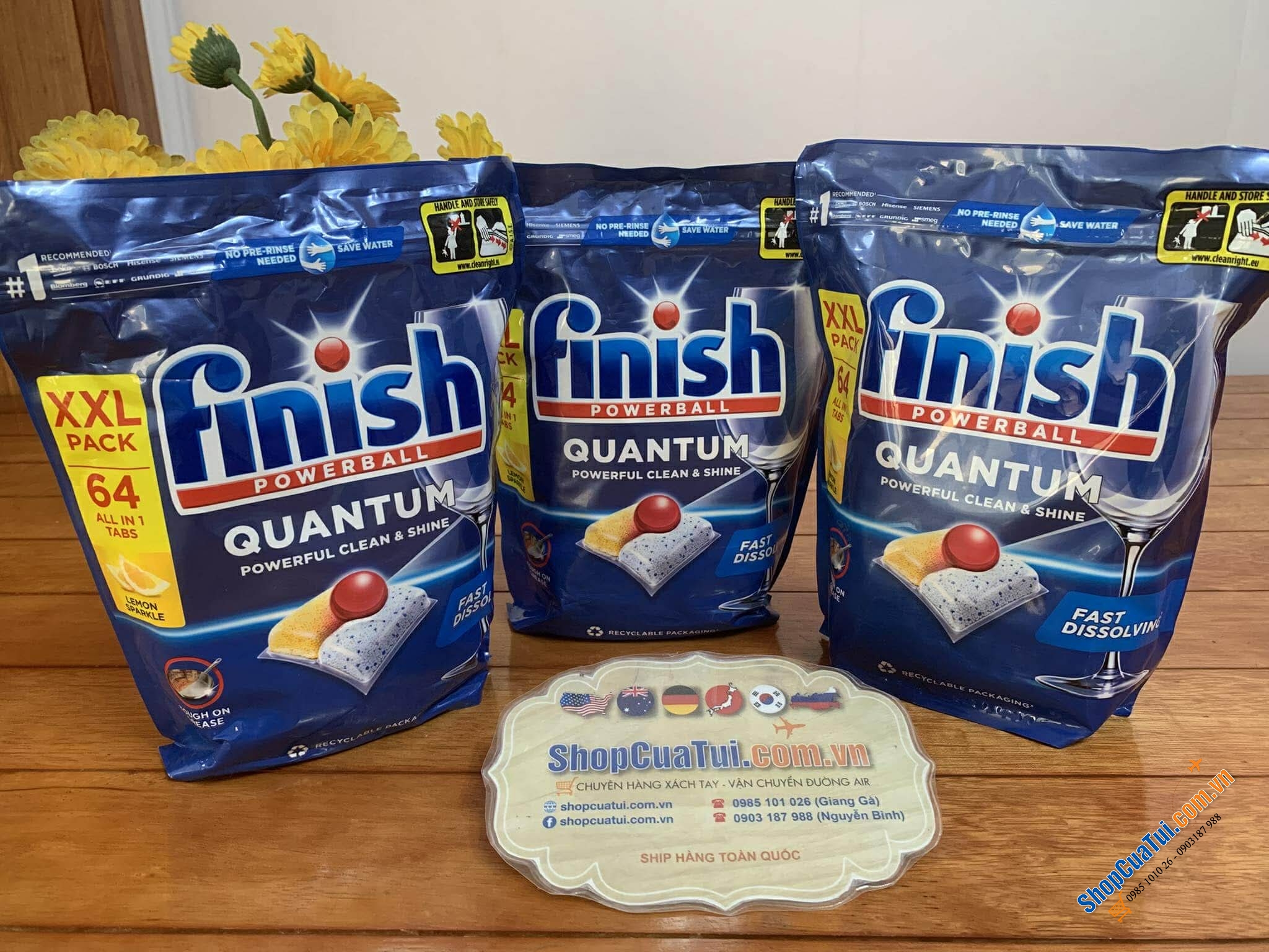 VIÊN RỬA BÁT FINISH QUANTUM 64 VIÊN CÔNG THỨC CẢI TIẾN: làm sạch, chống muối cặn, làm bóng đồ sứ và thuỷ tinh