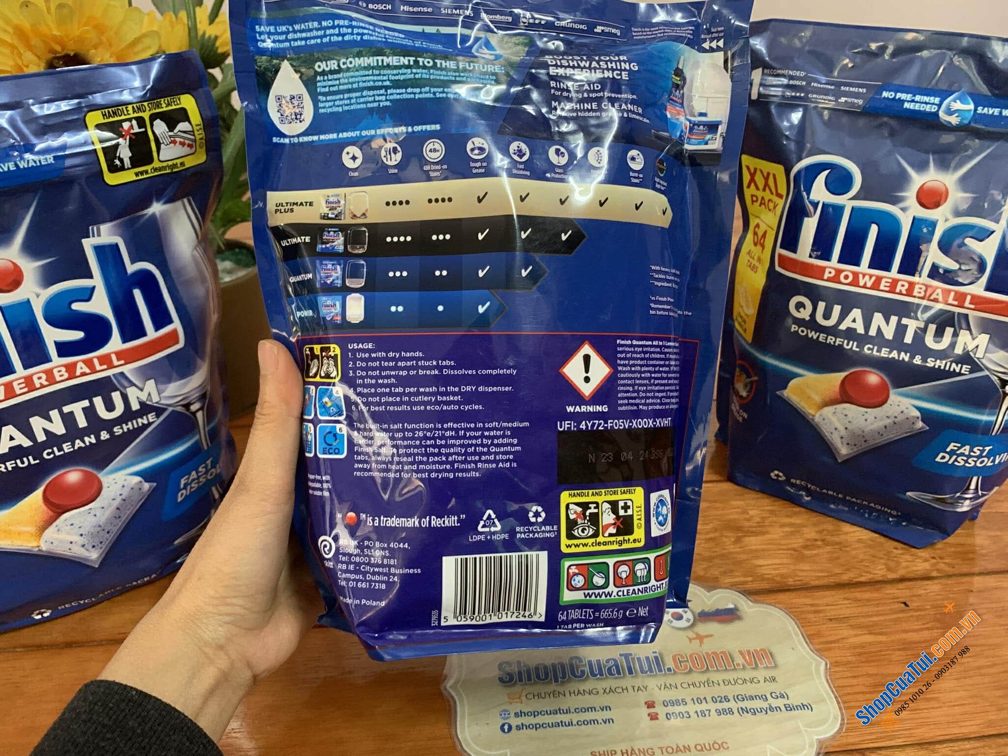VIÊN RỬA BÁT FINISH QUANTUM 64 VIÊN CÔNG THỨC CẢI TIẾN: làm sạch, chống muối cặn, làm bóng đồ sứ và thuỷ tinh