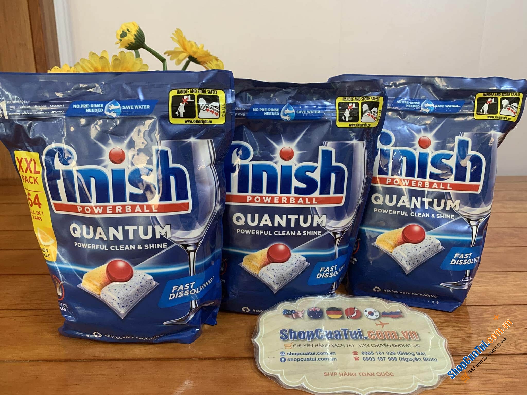 VIÊN RỬA BÁT FINISH QUANTUM 64 VIÊN CÔNG THỨC CẢI TIẾN: làm sạch, chống muối cặn, làm bóng đồ sứ và thuỷ tinh