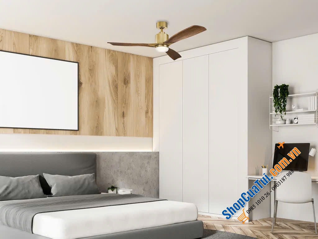 Quạt trần Elstead Ridley II Kichler chạy êm với đèn LED, đường kính 132cm, cánh gỗ có điều khiển từ xa màu gỗ anh đào