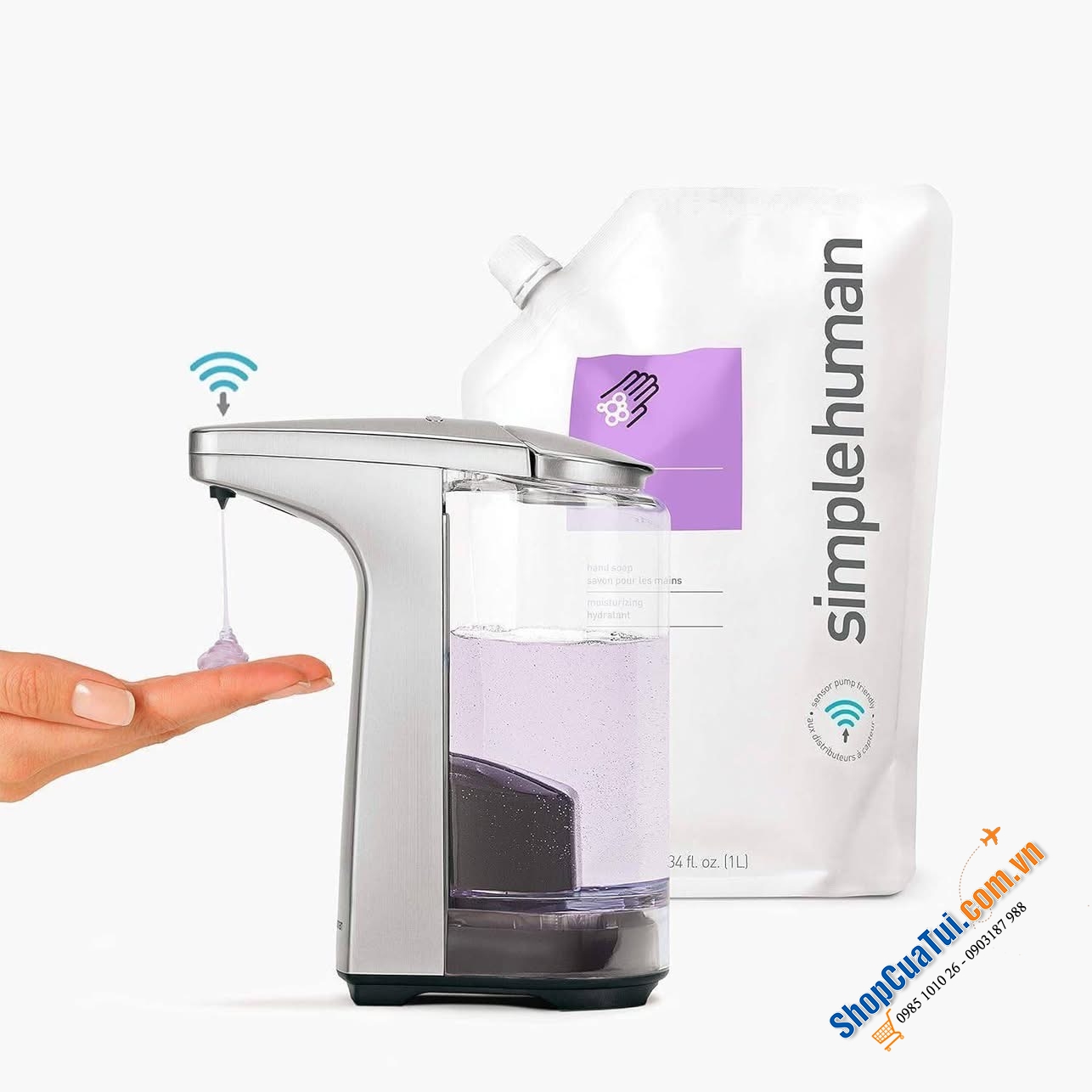 Bình chiết xà phòng cảm ứng SimpleHuman (dòng máy nhả xà phòng xịn xò nhất được ưa chuộng nhất tại châu Âu).