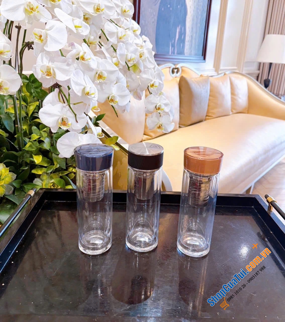 Bình giữ nhiệt thủy tinh 2 lớp có lưới lọc trà Thermos 400ml.