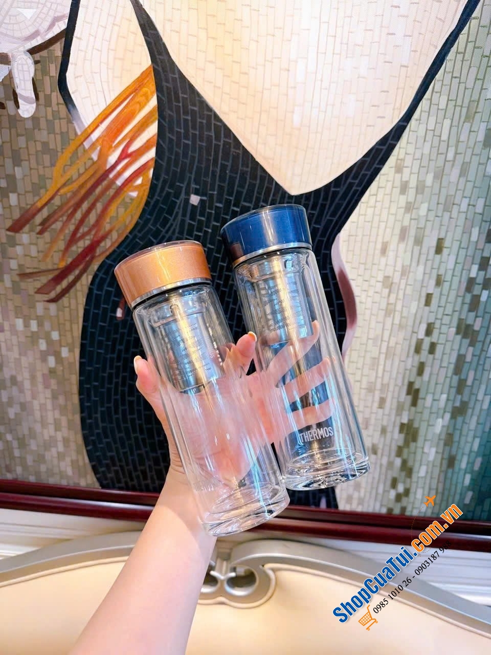 Bình giữ nhiệt thủy tinh 2 lớp có lưới lọc trà Thermos 400ml.