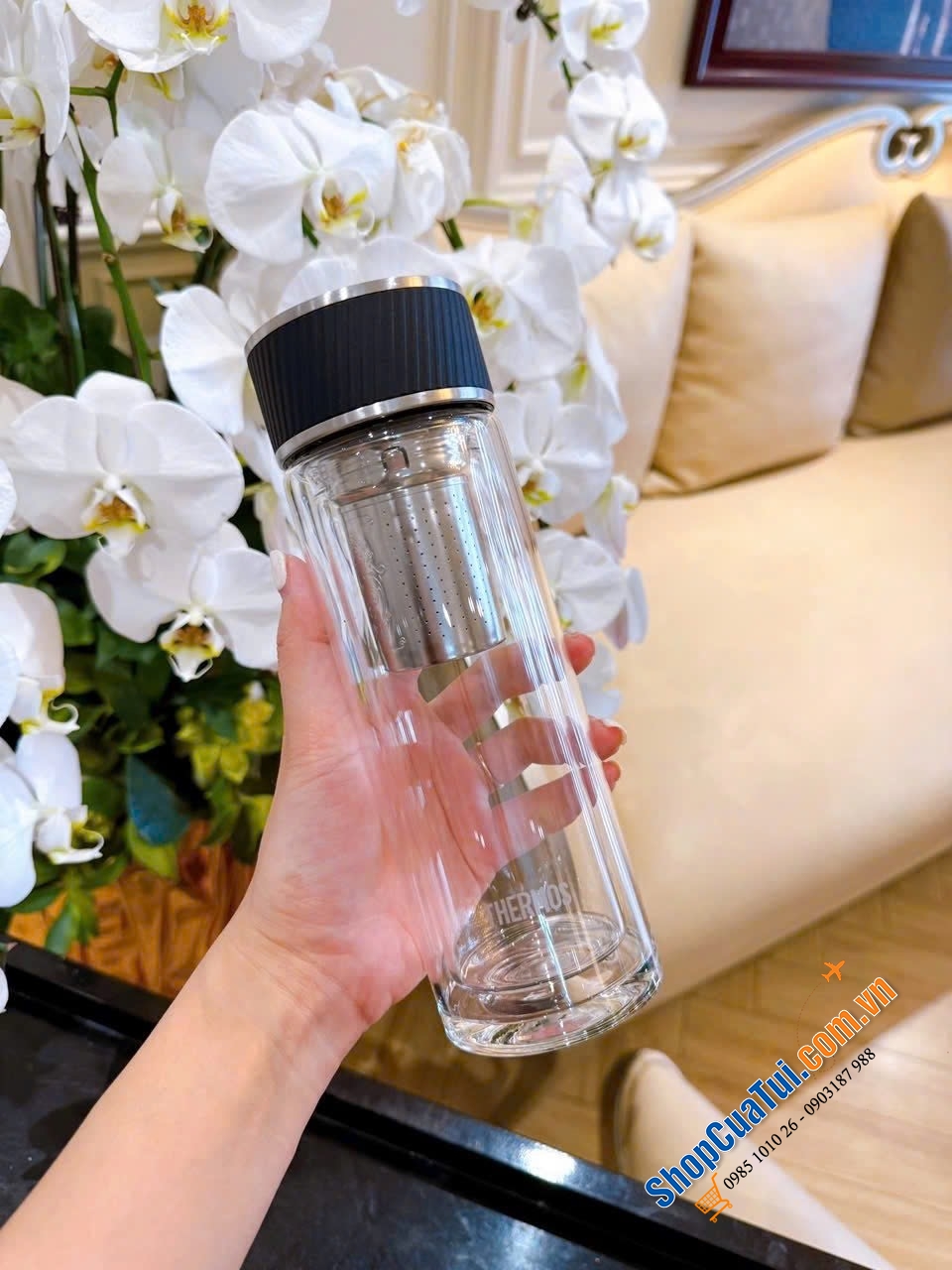 Bình giữ nhiệt thủy tinh 2 lớp có lưới lọc trà Thermos 400ml.