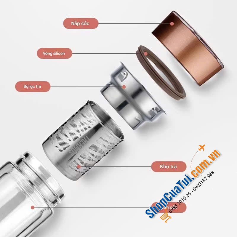 Bình giữ nhiệt thủy tinh 2 lớp có lưới lọc trà Thermos 400ml.
