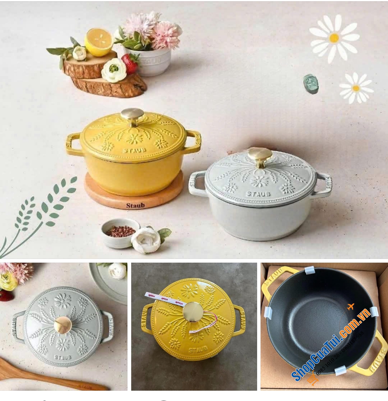 Nồi Staub Wanabe size 16cm với nắp điểm xuyết hình lúa mì phiên bản limited màu vàng hoặc màu xám