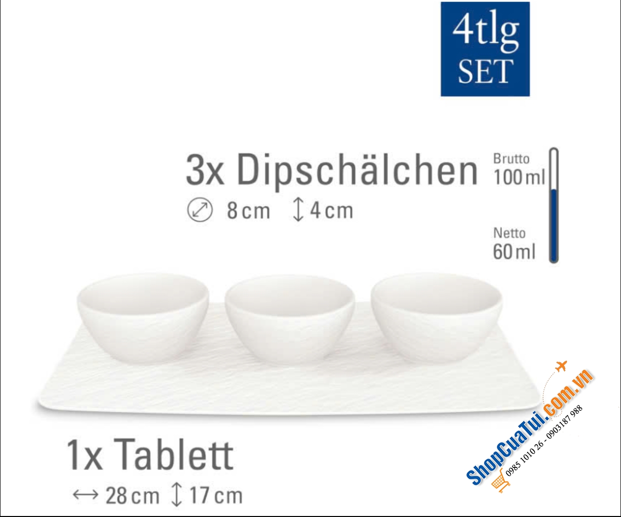 Set 1 khay và 3 bát chấm 8cm Villeroy Boch Manufacture Rock MÀU TRẮNG