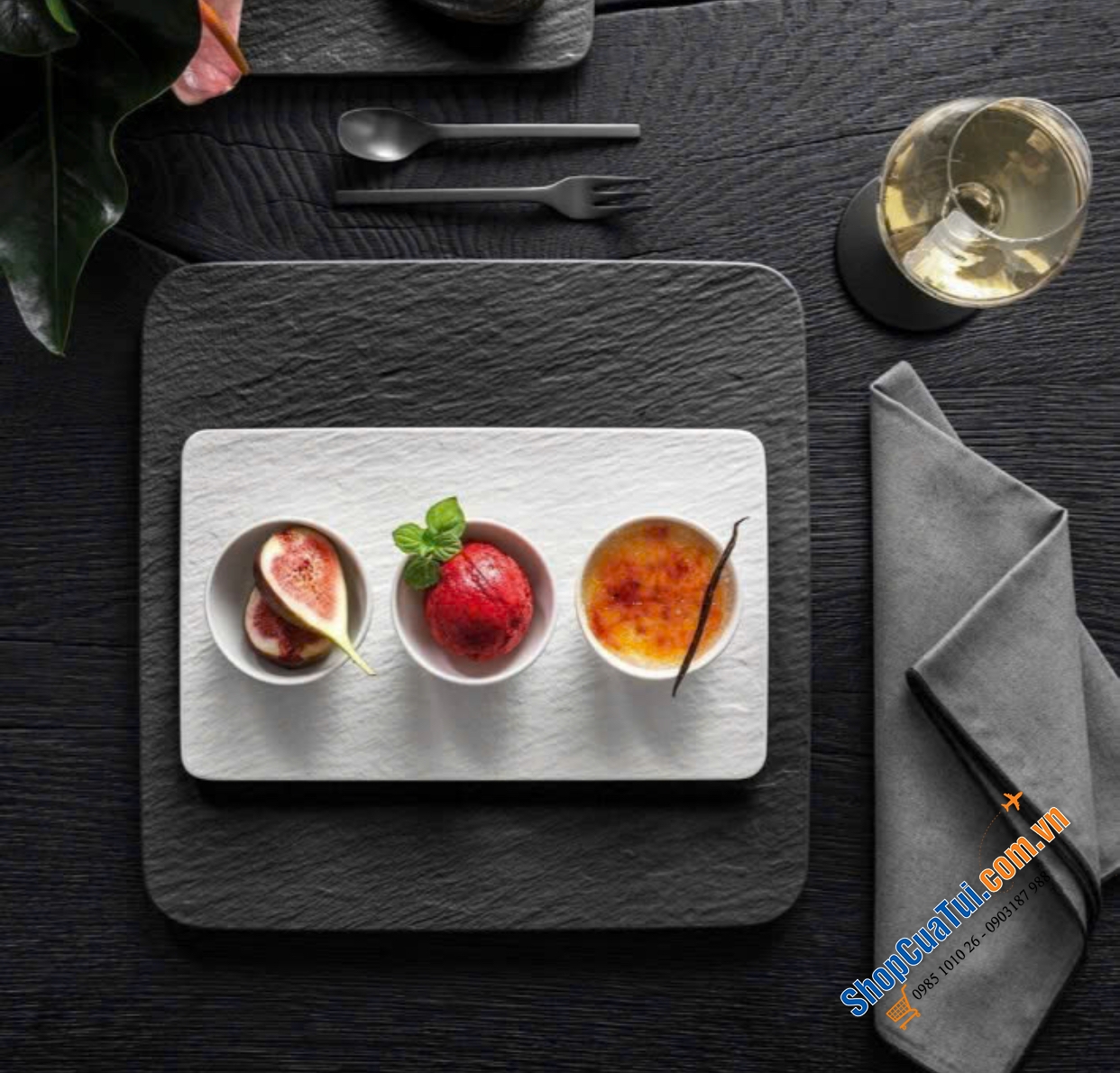 Set 1 khay và 3 bát chấm 8cm Villeroy Boch Manufacture Rock MÀU TRẮNG