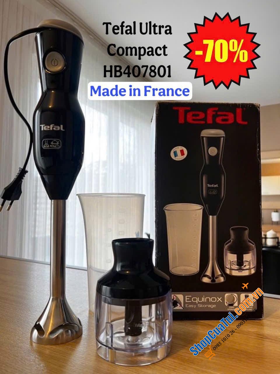 MÁY XAY CẦM TAY ĐA NĂNG TEFAL ULTRA COMPACT HB407801 - Sản xuất tại Pháp (đủ cả cốc xay + cối xay thịt).